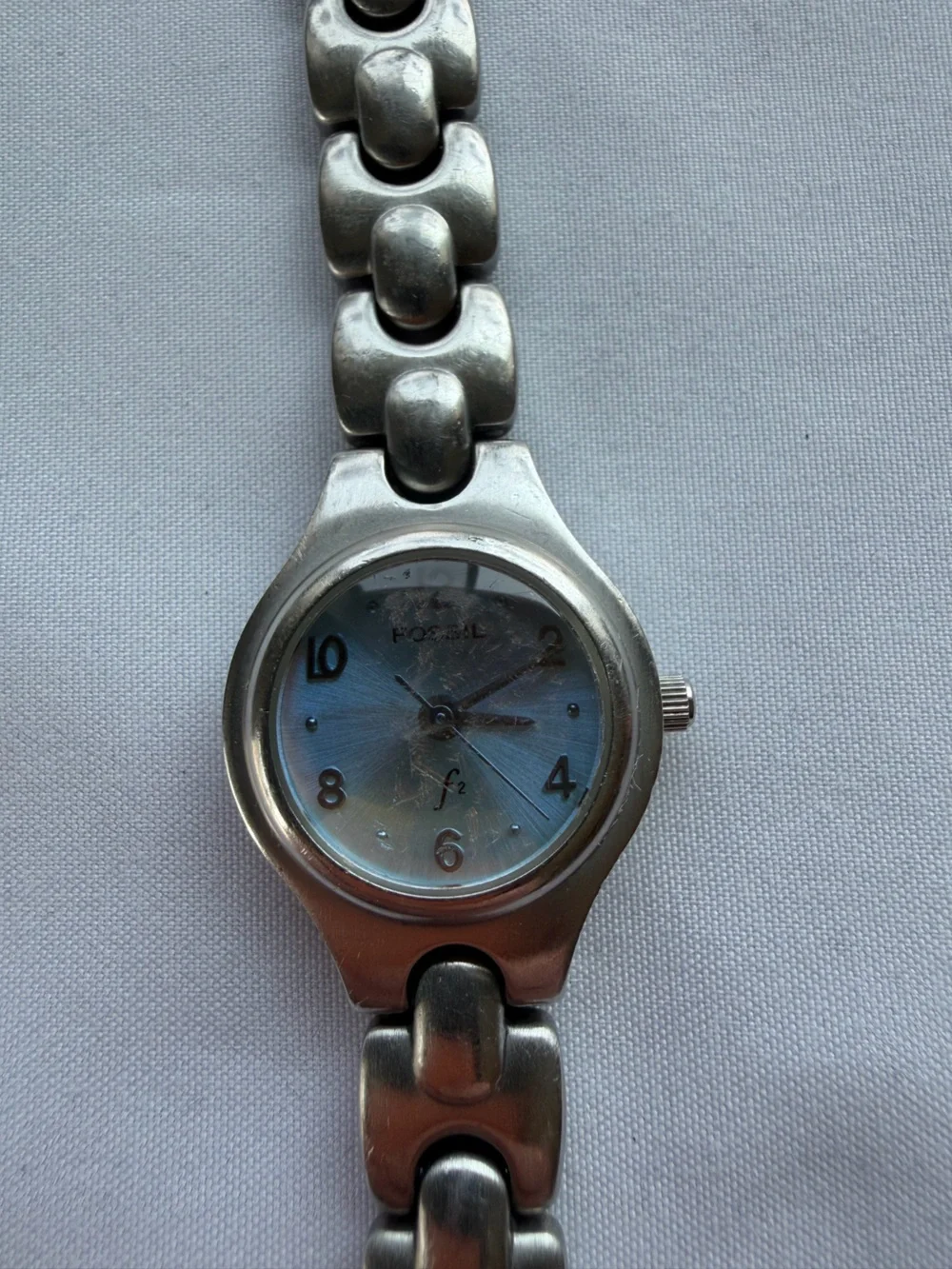 Fossil Silver Tone Stainless Steel Link Bracelet Watch Light Blue Dial Womens